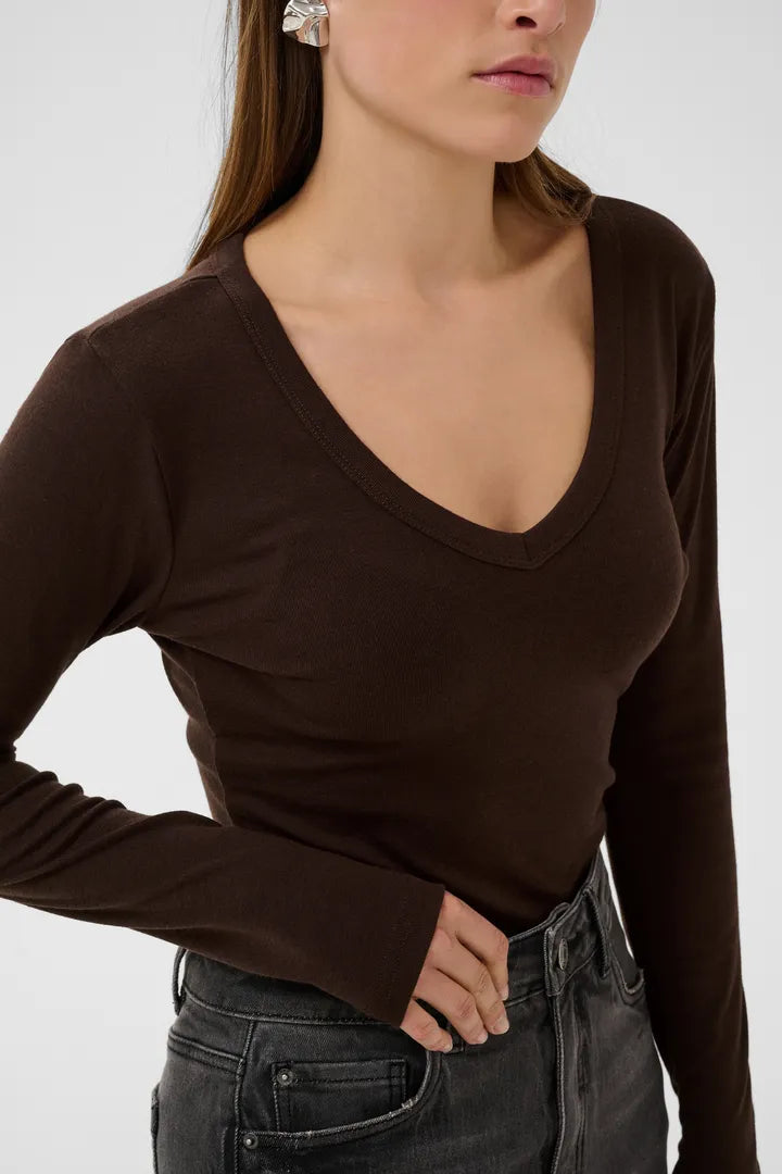 Liddy v-neck langerma bolur brúnn - Kaffe