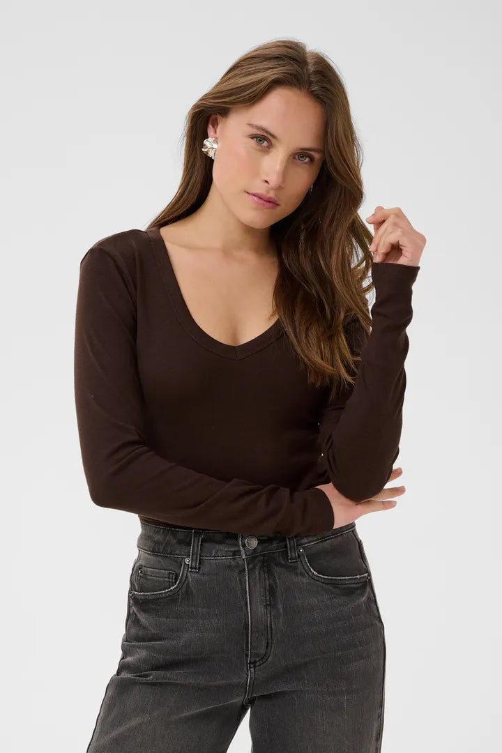 Liddy v-neck langerma bolur brúnn - Kaffe